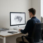 Architekt sitzt aufrecht und arbeitet fokussiert am Rechner in Archicad. Haltung ruhig und konzentriert, Situation wirkt wie Abschluss eines Arbeitsschritts.