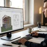 Architekt sitzt an einem modernen Arbeitsplatz und arbeitet aktiv an einem BIM-Modell in einer klar erkennbaren, Archicad-typischen Oberfläche.