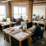 Mehrere Architekten arbeiten parallel in einem ruhigen, organisierten Büro. Jeder ist fokussiert an seinem Arbeitsplatz tätig, keine direkte Interaktion im Vordergrund.
