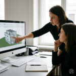 Zwei Architektinnen sitzen oder stehen gemeinsam an einem Arbeitsplatz und besprechen ein Modell.