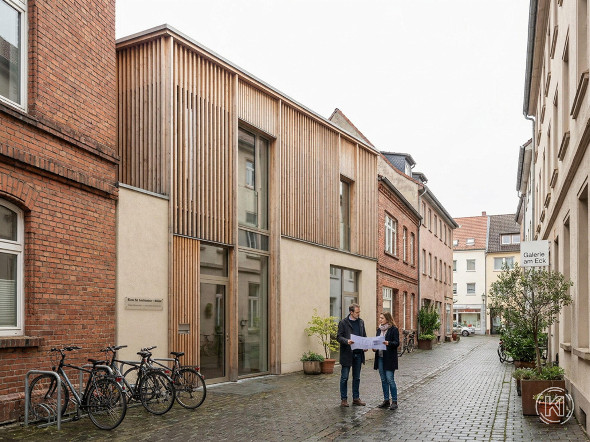Modernisiertes Bestandsgebäude in einer deutschen Stadtstraße, bei dem ein kleiner architektonischer Eingriff die Wirkung des gesamten Hauses sichtbar verbessert. Dieses Bild wurde mithilfe von KI erstellt.