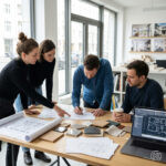 Planungsteam in einem Architekturbüro bespricht Grundrisse, Materialmuster und Details für ein kleines Bauprojekt. Dieses Bild wurde mithilfe von KI erstellt.