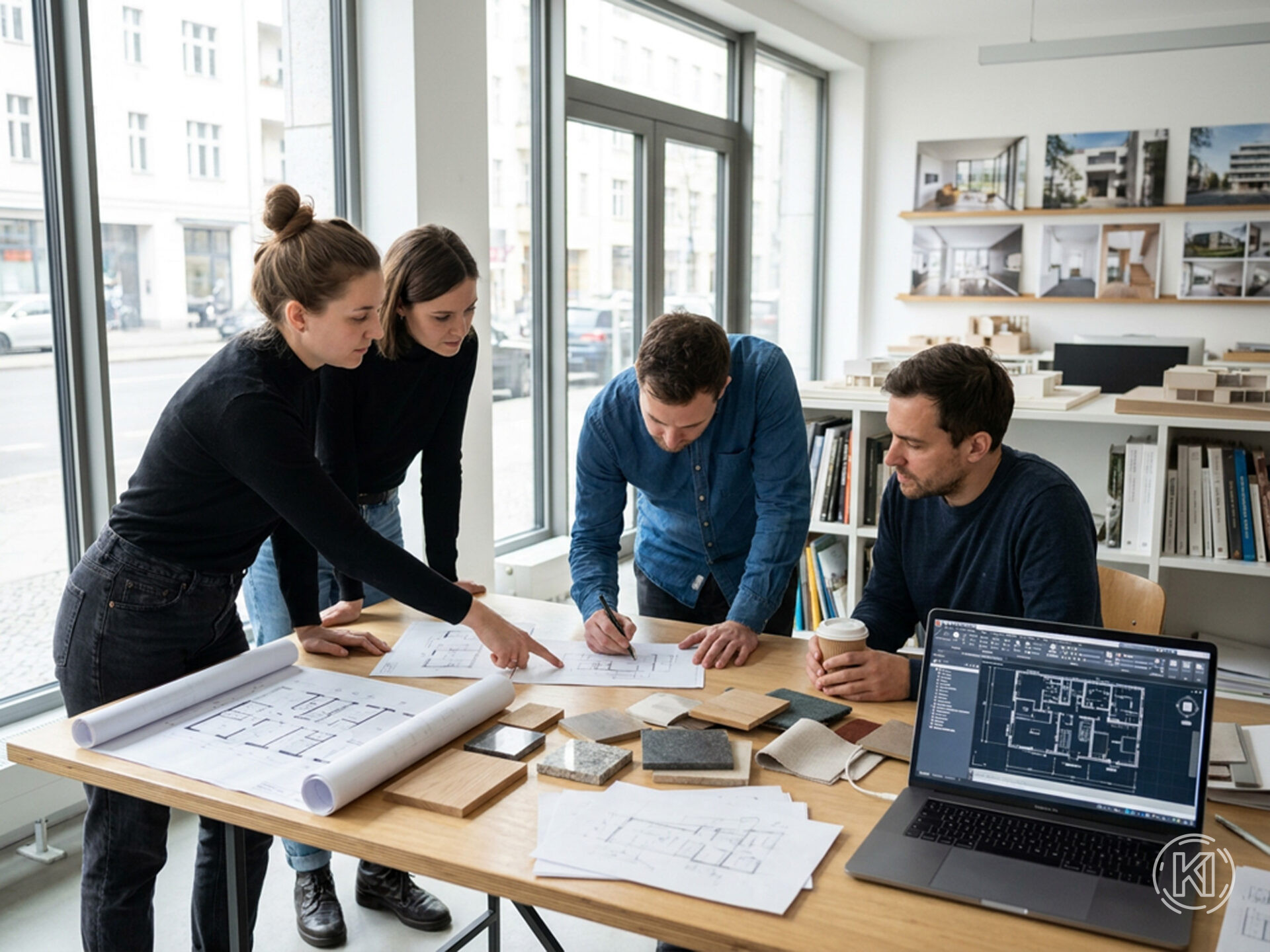 Planungsteam in einem Architekturbüro bespricht Grundrisse, Materialmuster und Details für ein kleines Bauprojekt. Dieses Bild wurde mithilfe von KI erstellt. Planungsteam in einem Architekturbüro bespricht Grundrisse, Materialmuster und Details für ein kleines Bauprojekt. Dieses Bild wurde mithilfe von KI erstellt.