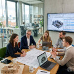 Projektleiter, BIM-Verantwortliche und Architekten sitzen gemeinsam an einem Besprechungstisch und diskutieren die Einführung neuer BIM-Arbeitsweisen anhand von Plänen, Modellen und einem Bildschirm mit Projektübersicht