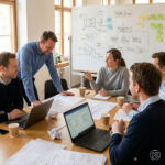 Architektenteam plant die Einführung des BIM-Prozesses an einem Meetingtisch