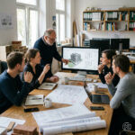 Kleines deutsches Architekturbüro mit vier bis sechs Mitarbeitenden bei einer gemeinsamen Projektbesprechung