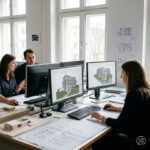 Zwei Architektinnen und ein Architekt arbeiten konzentriert an Arbeitsplätzen mit großen Monitoren, auf den Bildschirmen ein digitales Gebäudemodell in Archicad