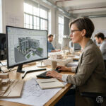 Authentische Fotoreportage aus einem modernen Architekturbüro, eine Architektin arbeitet konzentriert an einem BIM-Modell auf einem großen Bildschirm.