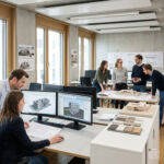 Modernes norddeutsches Architekturbüro, 5–7 Architektinnen und Architekten in einer hellen Besprechungszone, gemeinsamer Blick auf ein großes digitales BIM-Gebäudemodell auf Wanddisplay und Laptop, aktive Abstimmung am Tisch mit Plänen und Notizen.