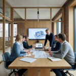 Architektinnen und Architekten in einer hellen Besprechungszone, gemeinsamer Blick auf ein großes digitales BIM-Gebäudemodell auf Wanddisplay und Laptop, aktive Abstimmung am Tisch mit Plänen und Notizen.
