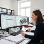 Realistische Reportageaufnahme aus einem Planungsbüro, Projektmitarbeiterin arbeitet an einem Bildschirm mit geöffneter novaAVA-Oberfläche für Ausschreibung, Vergabe und Kostenmanagement, Leistungsverzeichnisse, Kostenübersichten und Projektkennzahlen sind sichtbar.
