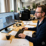 Authentische Büroszene, BIM-Koordinator sitzt an einem Arbeitsplatz und prüft ein Gebäudemodell auf einem großen Monitor.