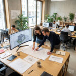Mehrere Architektinnen und Architekten sowie Planer arbeiten konzentriert an ihren Arbeitsplätzen, natürliche Interaktionen und kurze Fachgespräche zwischen Kollegen am Schreibtisch.