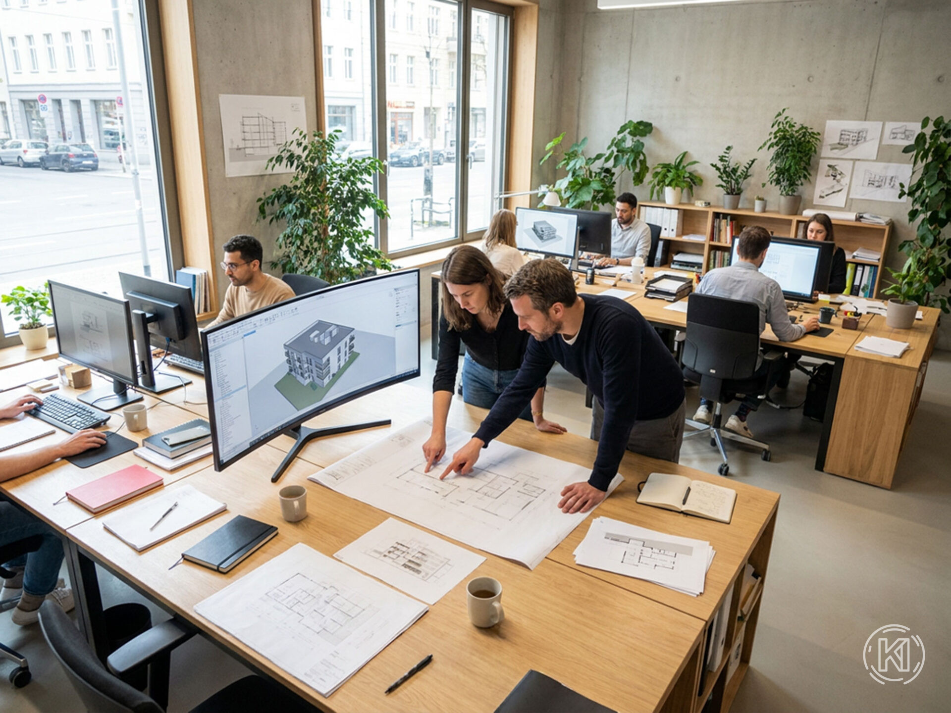 Mehrere Architektinnen und Architekten sowie Planer arbeiten konzentriert an ihren Arbeitsplätzen, natürliche Interaktionen und kurze Fachgespräche zwischen Kollegen am Schreibtisch.