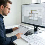 Arbeitsplatz mit engem Bezug zwischen Modell und tabellarischen Informationen. Eine Person prüft konzentriert Bildschirm und strukturierte Unterlagen.