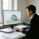 Architekt arbeitet konzentriert an einem digitalen Modell mit klarer, geordneter Arbeitsumgebung. Auf dem Tisch liegen strukturierte Notizen und wenige, gezielt platzierte Unterlagen.