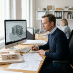 Architekt oder Projektverantwortlicher sitzt am Arbeitsplatz und gleicht konzentriert Modell, Notizen und projektbezogene Informationen ab.