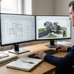 Architekt arbeitet aktiv an einem digitalen Modell in einer Archicad-nahen Oberfläche mit Kombination aus Grundriss und 3D-Ansicht. Fokus auf präzise Modellarbeit.