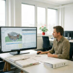 Arbeitsplatz mit klarem Bezug zwischen modellbezogenen Informationen und tabellarischer Ausschreibungs- bzw. Kostenlogik. Eine Person prüft konzentriert strukturierte Informationen am Bildschirm.