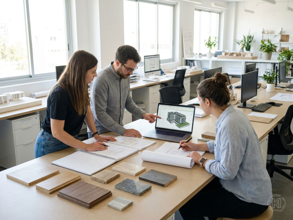 Mehrere Planende besprechen in einem Architekturbüro ein digitales Gebäudemodell und vergleichen es mit ausgedruckten Plänen auf dem Tisch.