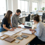 Mehrere Planende besprechen in einem Architekturbüro ein digitales Gebäudemodell und vergleichen es mit ausgedruckten Plänen auf dem Tisch.