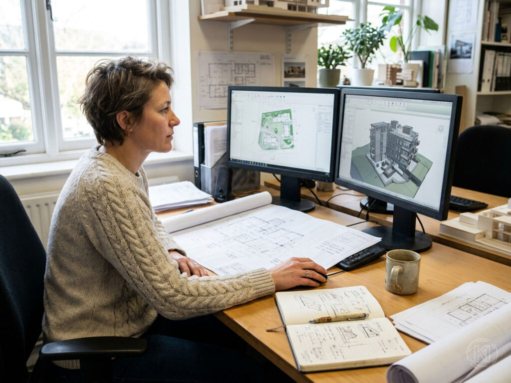 Mehrere Planende besprechen in einem Architekturbüro ein digitales Gebäudemodell und vergleichen es mit ausgedruckten Plänen auf dem Tisch.