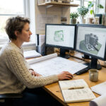 Eine Planerin arbeitet konzentriert an einem CAD-Modell, während neben dem Bildschirm Pläne, Notizen und Arbeitsunterlagen liegen.