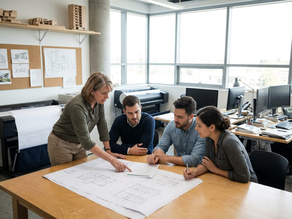 Eine Führungsperson und mehrere Teammitglieder stimmen sich in einem Architekturbüro anhand von Unterlagen und Plänen zu Projektstandards ab.