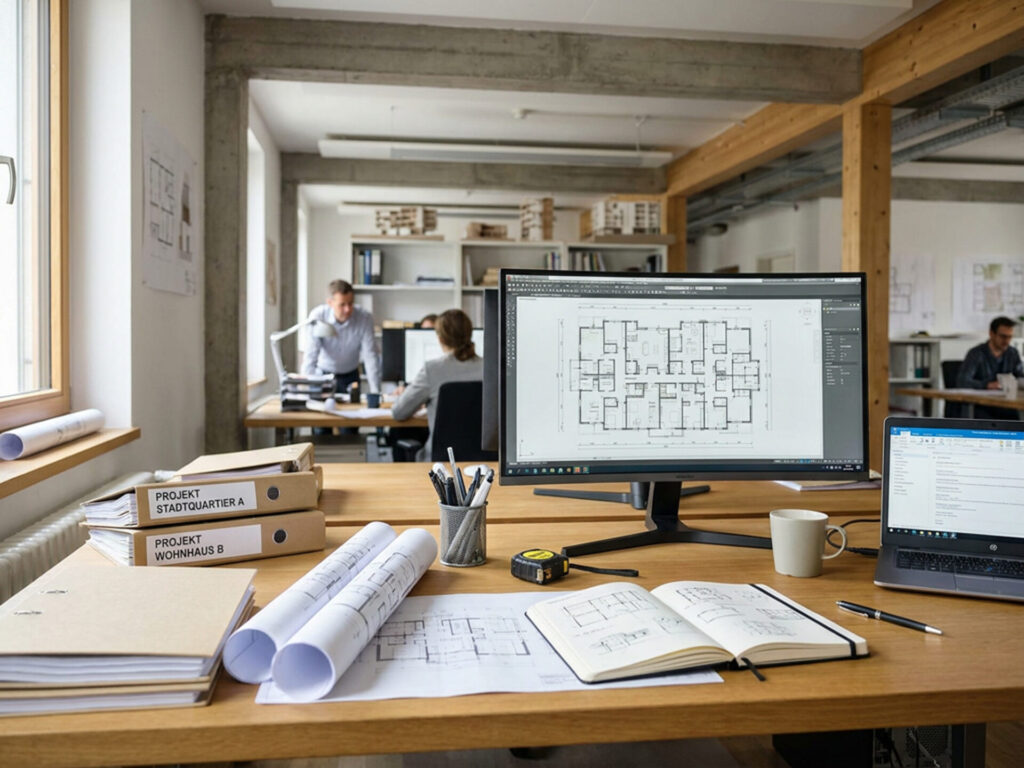 Ein aufgeräumter Arbeitsplatz in einem Architekturbüro mit geordneten Plänen, Unterlagen und digitalen Planungsansichten.
