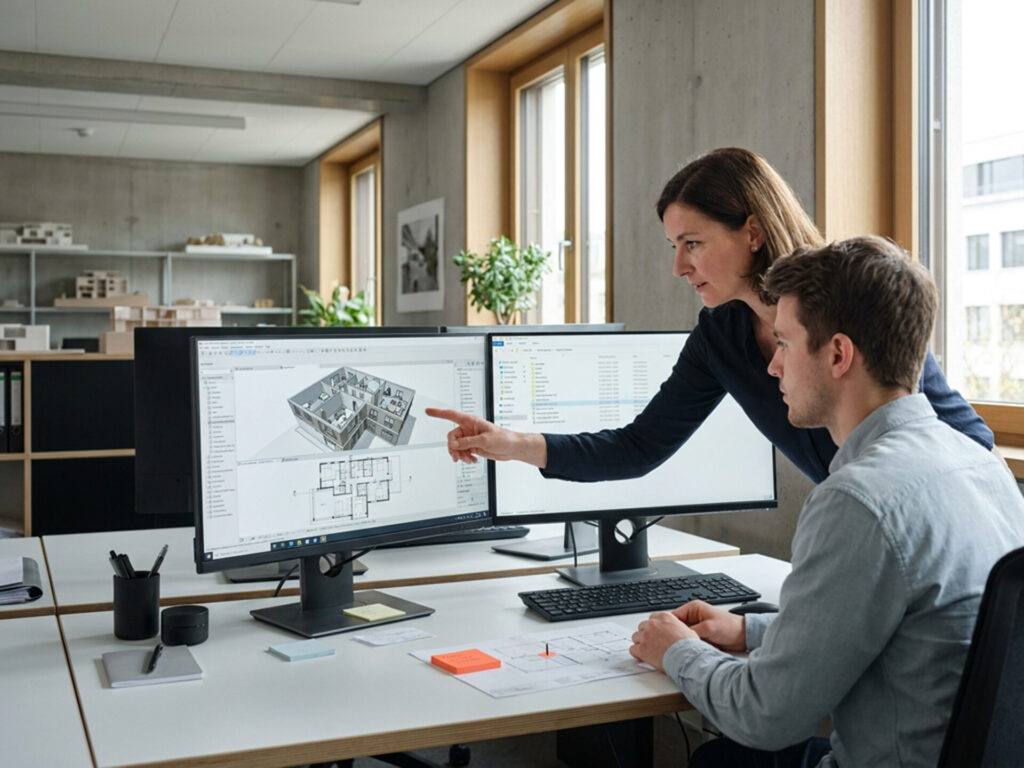 Eine Person erklärt einer Kollegin oder einem Kollegen an einem Dual-Monitor-Arbeitsplatz die digitale Projektstruktur.