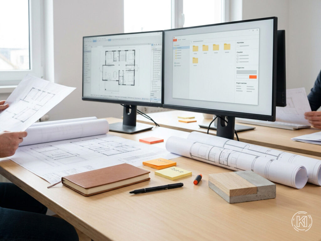 Aufgeräumter Arbeitsplatz mit Architekturplänen und Dual-Monitor-Setup, das eine Planungsansicht und eine strukturierte Projektübersicht zeigt.