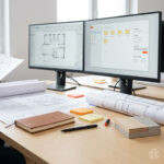 Aufgeräumter Arbeitsplatz mit Architekturplänen und Dual-Monitor-Setup, das eine Planungsansicht und eine strukturierte Projektübersicht zeigt.