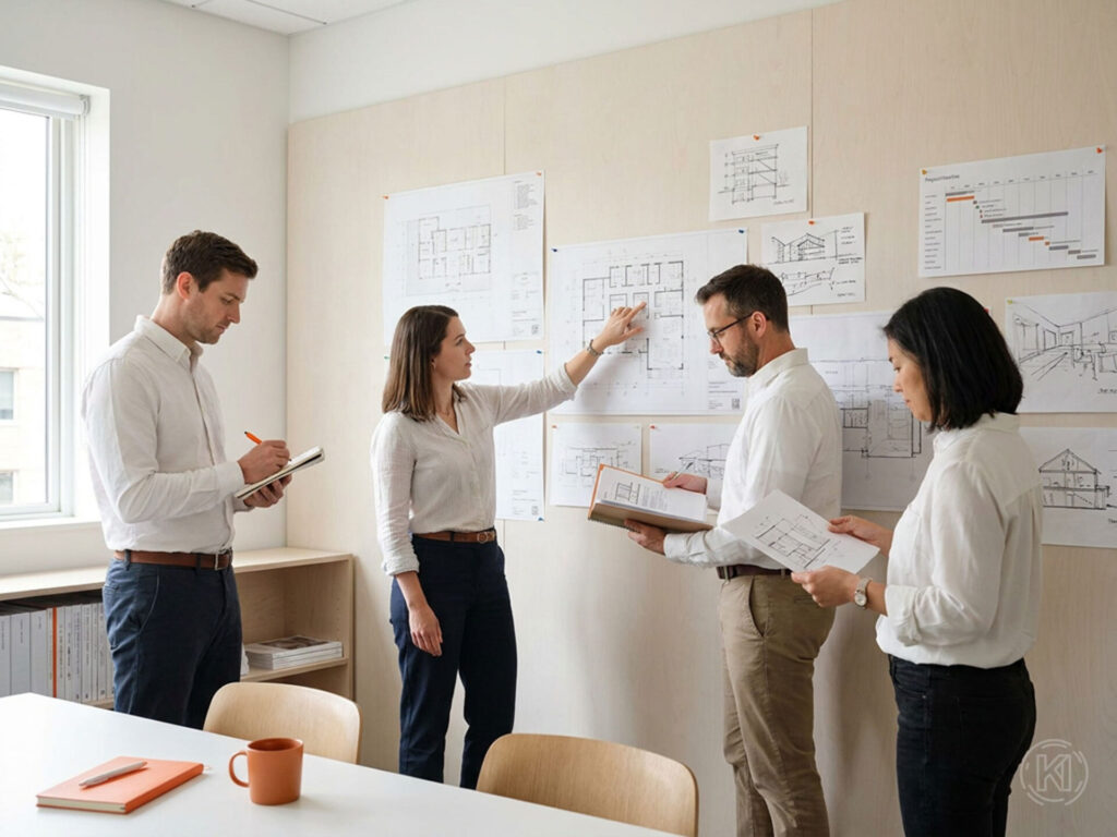Mehrere Fachpersonen in einem Planungsbüro besprechen angeheftete Pläne und Projektunterlagen an einer Wand und stimmen eine konkrete Planungsfrage ab.