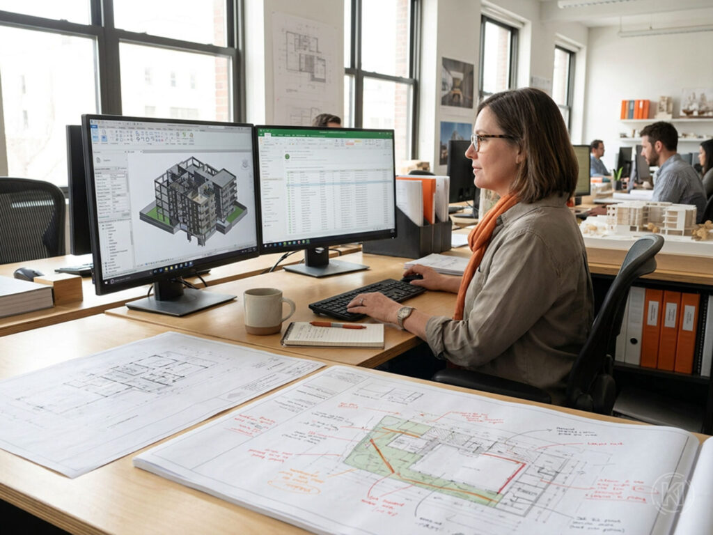 Planerin an einem Schreibtisch im Architekturbüro mit zwei Bildschirmen, digitalen Projektinformationen und ausgedruckten Plänen mit handschriftlichen Notizen.