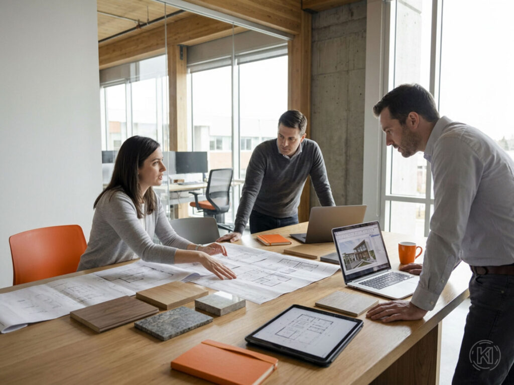 Kleines Planungsteam in einem modernen Architekturbüro bei einer konzentrierten Abstimmung an einem Arbeitstisch mit Plänen, Notebook, Tablet und Materialproben.