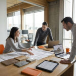 Kleines Planungsteam in einem modernen Architekturbüro bei einer konzentrierten Abstimmung an einem Arbeitstisch mit Plänen, Notebook, Tablet und Materialproben.