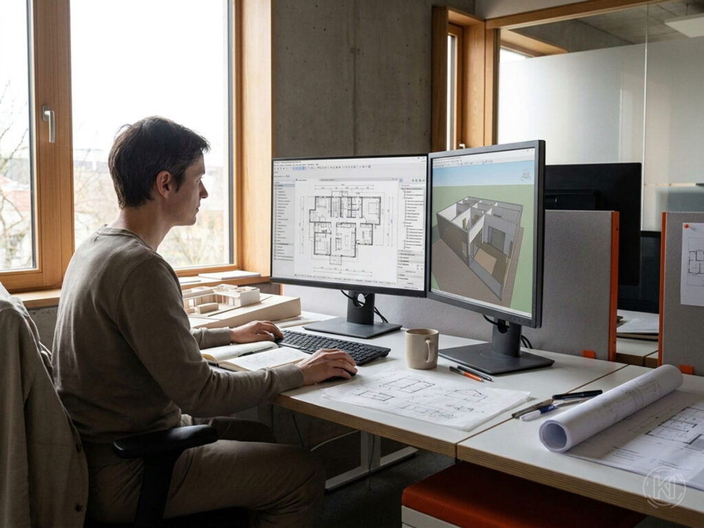 Planende Person arbeitet in einem Architekturbüro an einer komplex gewordenen Vorlagendatei mit Archicad-ähnlicher BIM-Oberfläche auf dem Bildschirm.