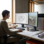 Planende Person arbeitet in einem Architekturbüro an einer komplex gewordenen Vorlagendatei mit Archicad-ähnlicher BIM-Oberfläche auf dem Bildschirm.