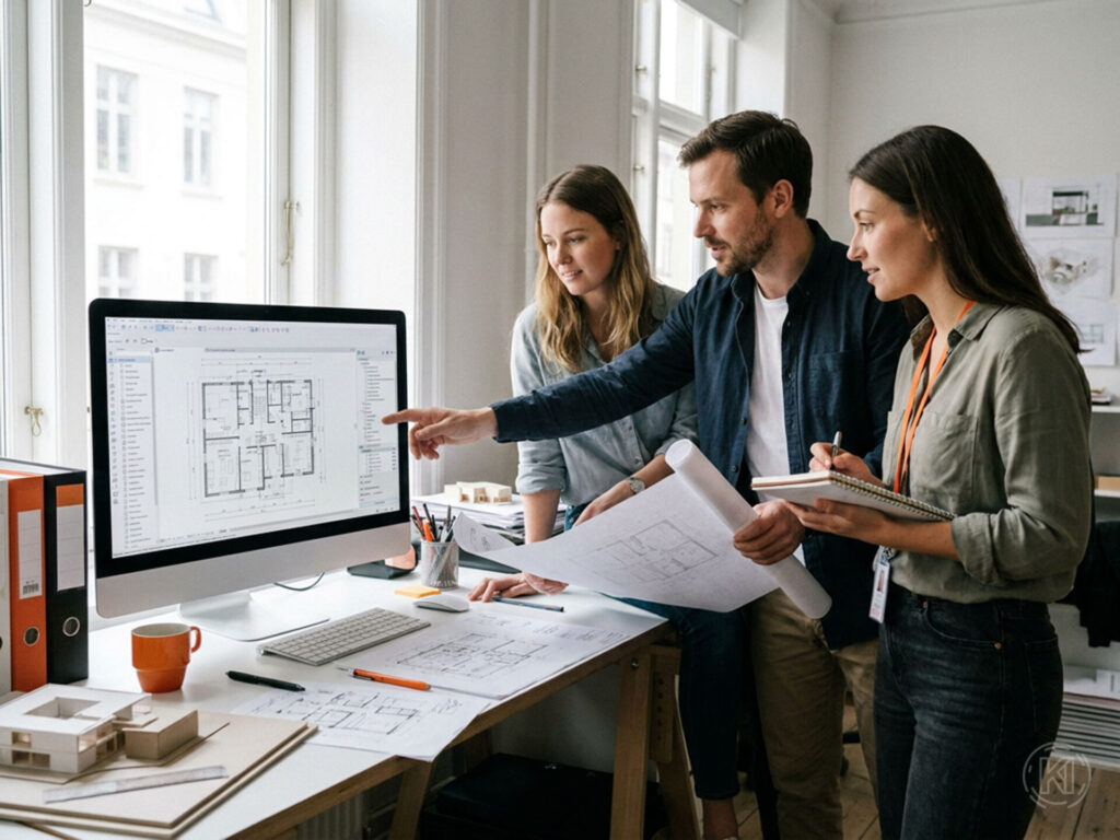 Mehrere Planende prüfen gemeinsam eine Vorlagendatei an einem Bildschirm mit Archicad-ähnlicher BIM-Planungsumgebung.