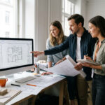Mehrere Planende prüfen gemeinsam eine Vorlagendatei an einem Bildschirm mit Archicad-ähnlicher BIM-Planungsumgebung.
