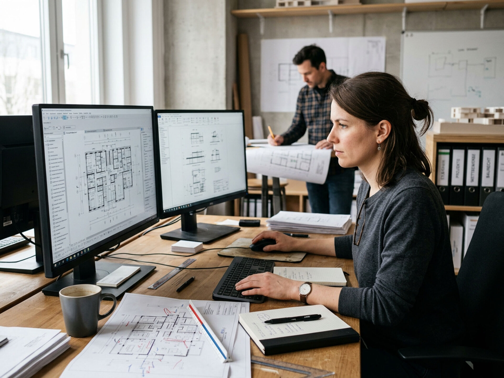 Planerin analysiert eine Archicad-ähnliche Vorlagendatei an zwei Monitoren in einem Architekturbüro.