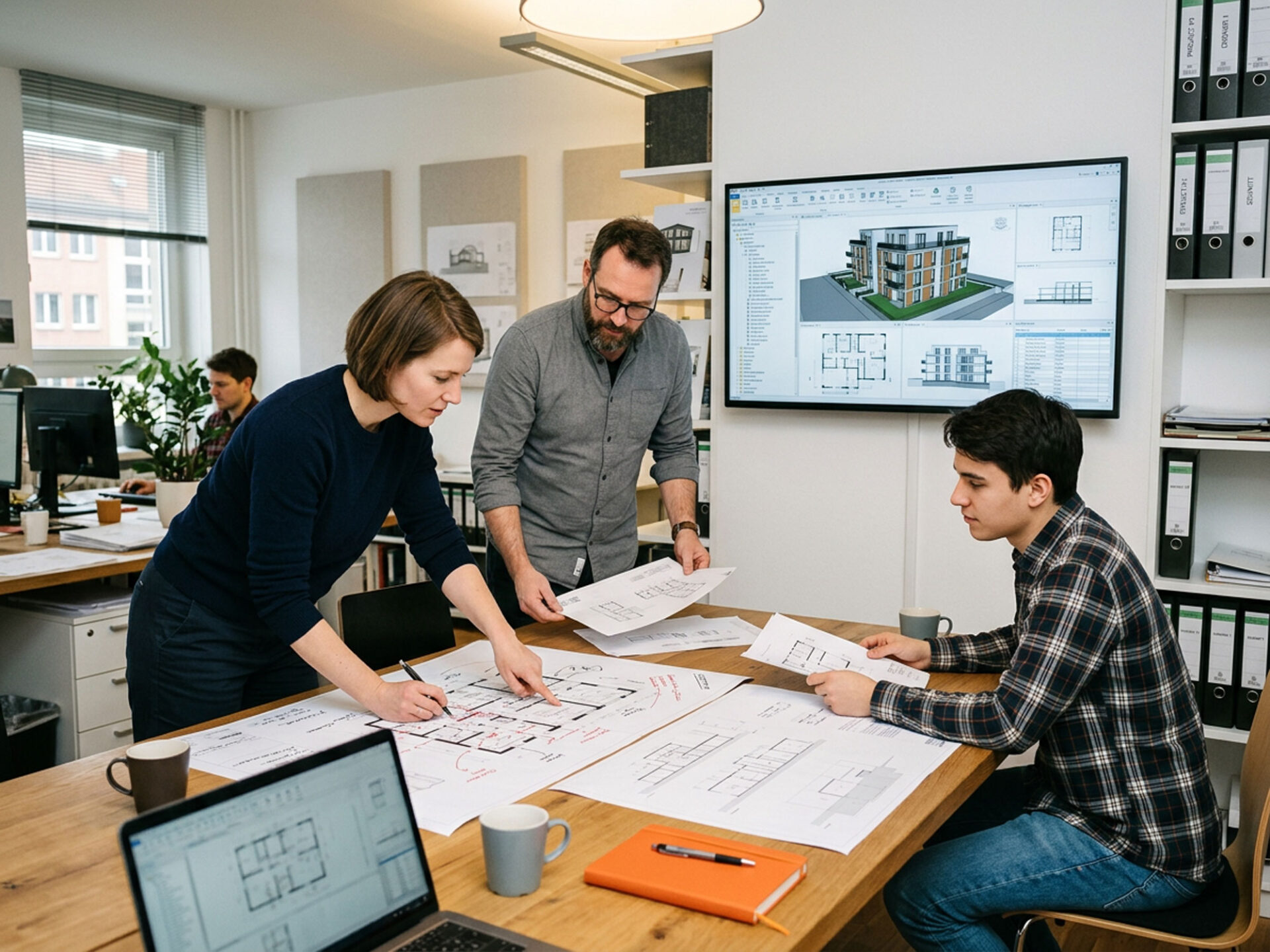 Planungsteam prüft Ausdrucke und eine Archicad-ähnliche CAD/BIM-Oberfläche während einer Vorlagenanalyse.