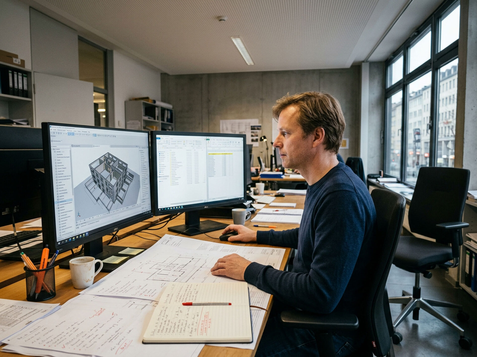 Ein Mitarbeiter vergleicht ein BIM-Modell mit Planausdrucken und Notizen, um die Struktur eines übernommenen Projekts nachzuvollziehen.