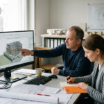 Zwei Mitarbeiter besprechen an einem Bildschirm die Besonderheiten eines BIM-Modells und halten Hinweise für die Projektübergabe fest.