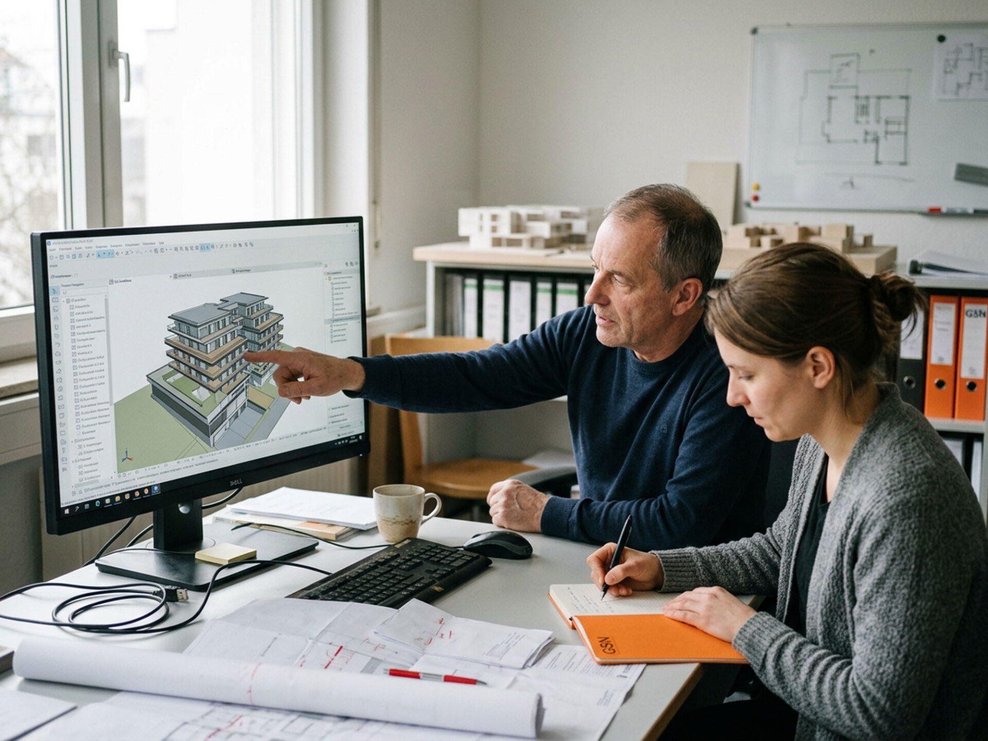Zwei Mitarbeiter besprechen an einem Bildschirm die Besonderheiten eines BIM-Modells und halten Hinweise für die Projektübergabe fest.