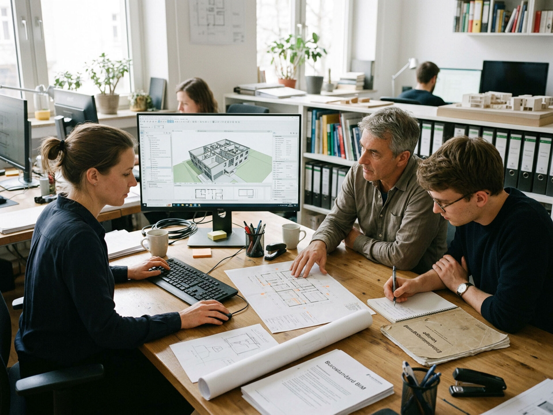 Drei Mitarbeiter prüfen gemeinsam eine BIM-Vorlagendatei und dokumentieren die Gründe für Änderungen am Bürostandard.